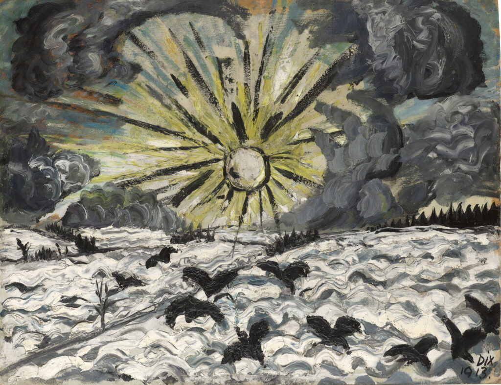 Zu sehen ist ein Gemälde von Otto Dix, dass einen Sonnenaufgang über einem schneebedeckten Winterfeld zeigt.
