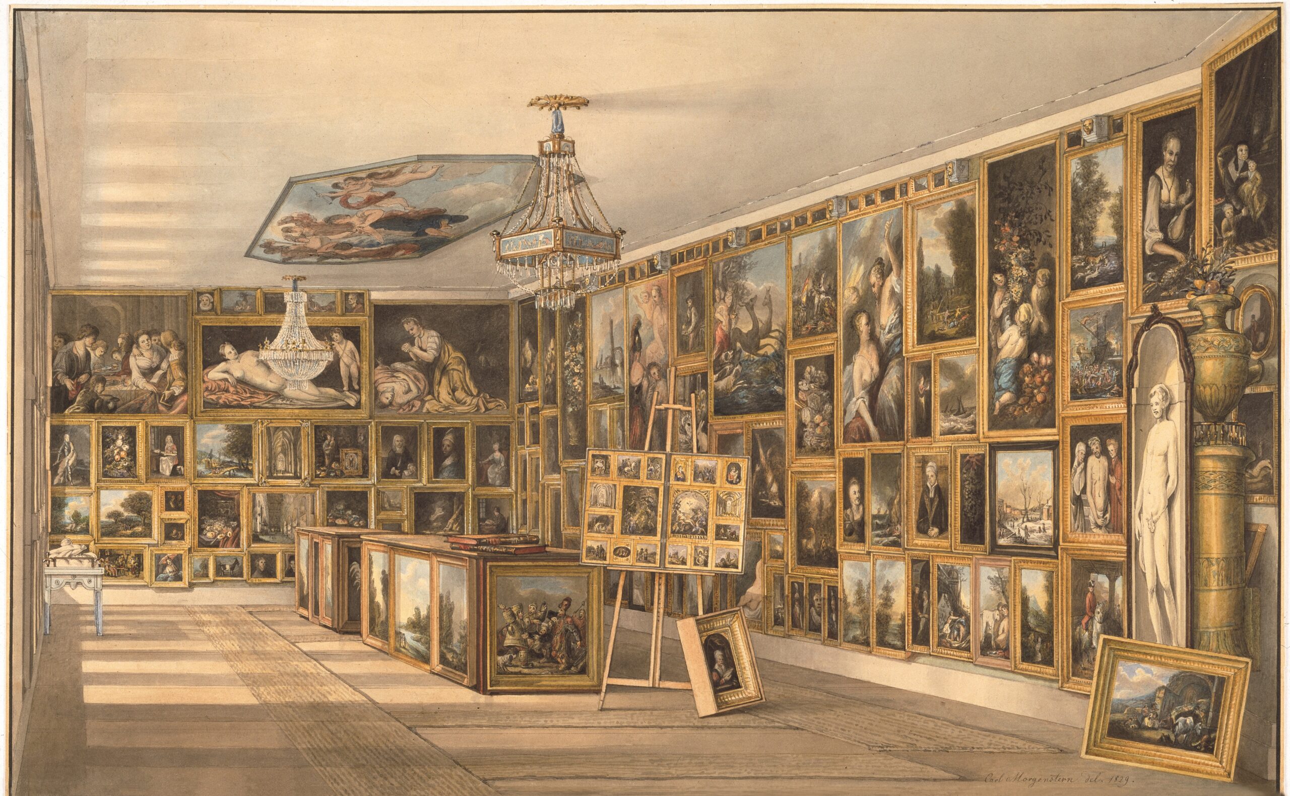 Ein Aquarell zeigt in einen Raum einen Teil der Kunstsammlung des Johann Valentin Prehn.