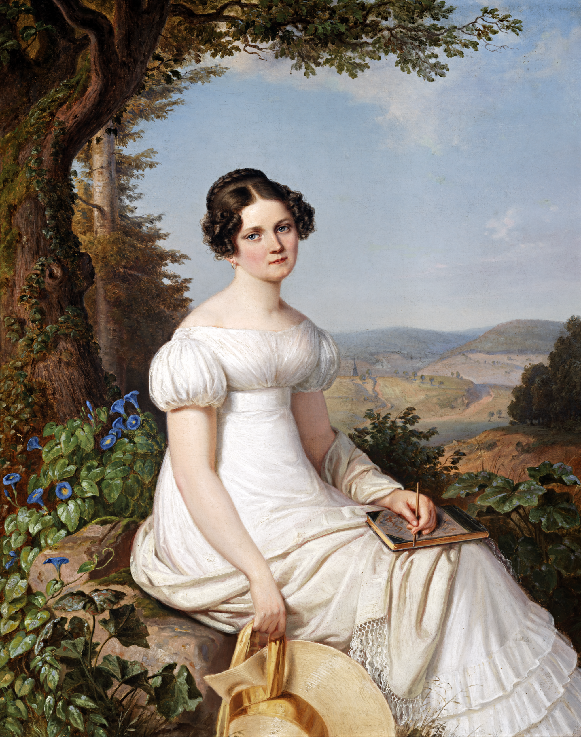 Zu sehen ist ein Gemälde der Großherzogin Wilhelmine von Hessen und bei Rhein. Sie sitzt in einer Landschaft.